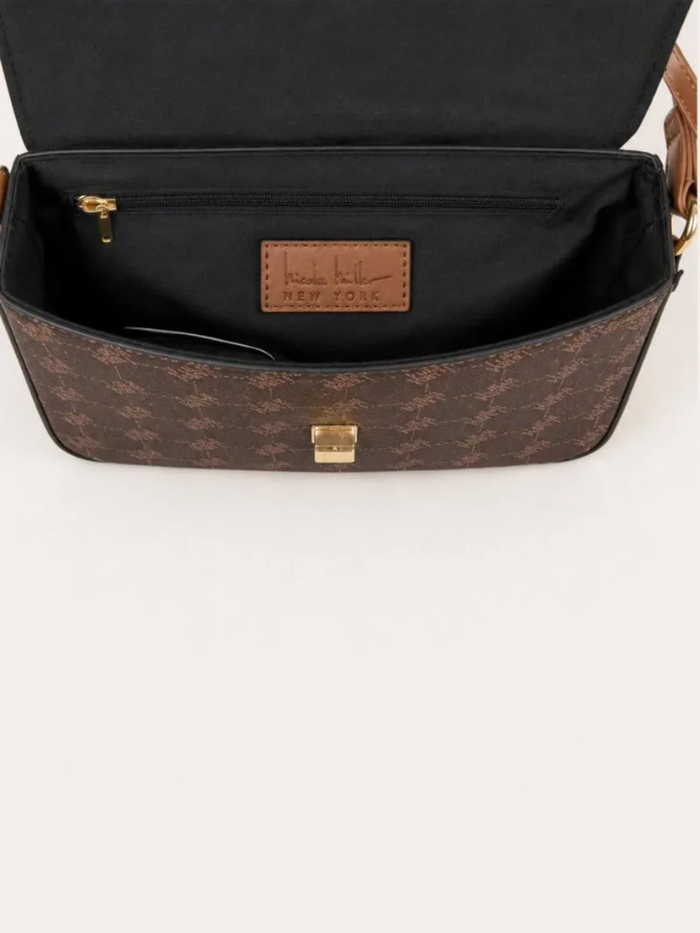 Nicole Miller Signature Logo Print Shoulder Crossbody Bag Brown Mix NWT